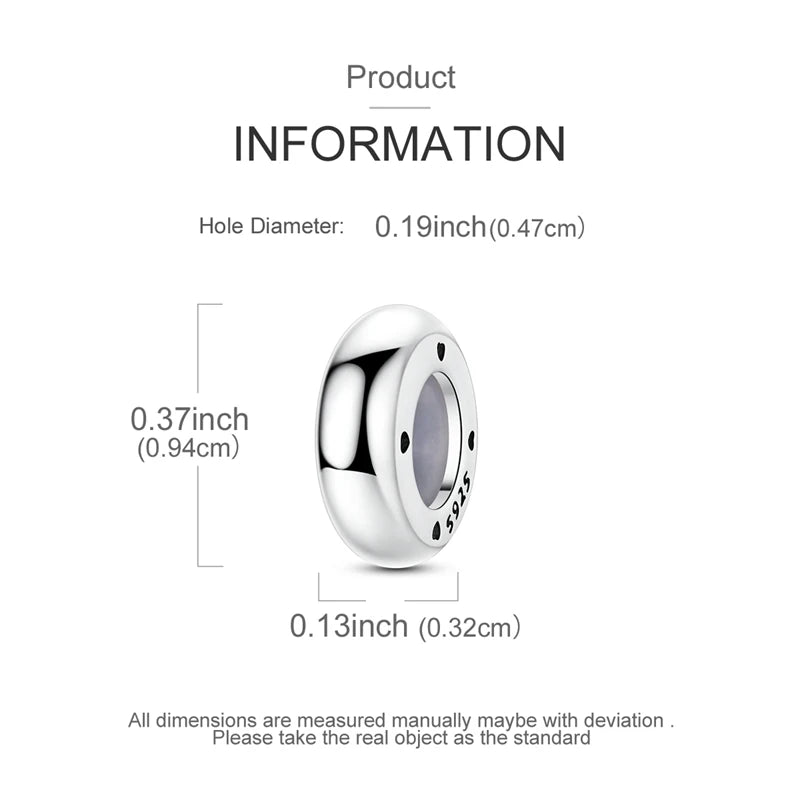 Silver charm with dimensions on a white background