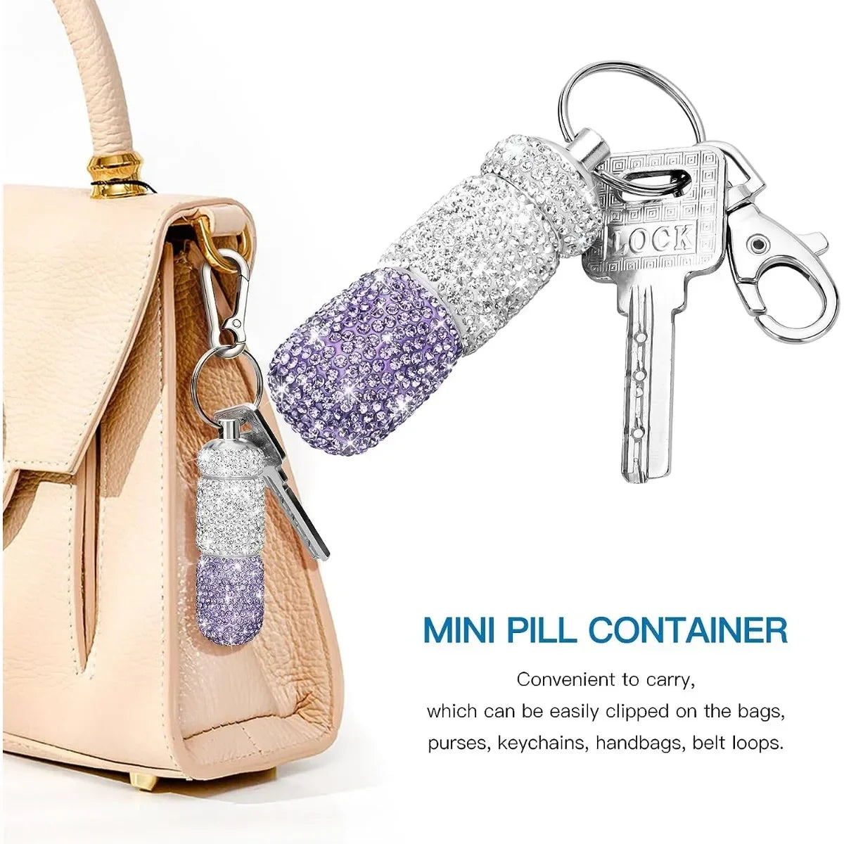 Bling Keychain Pill Box 2 Compartments Small Travel Pill Case Organizer Crystal Diamond Medicine Bottle Pill Bottle Keychain Pure Ember