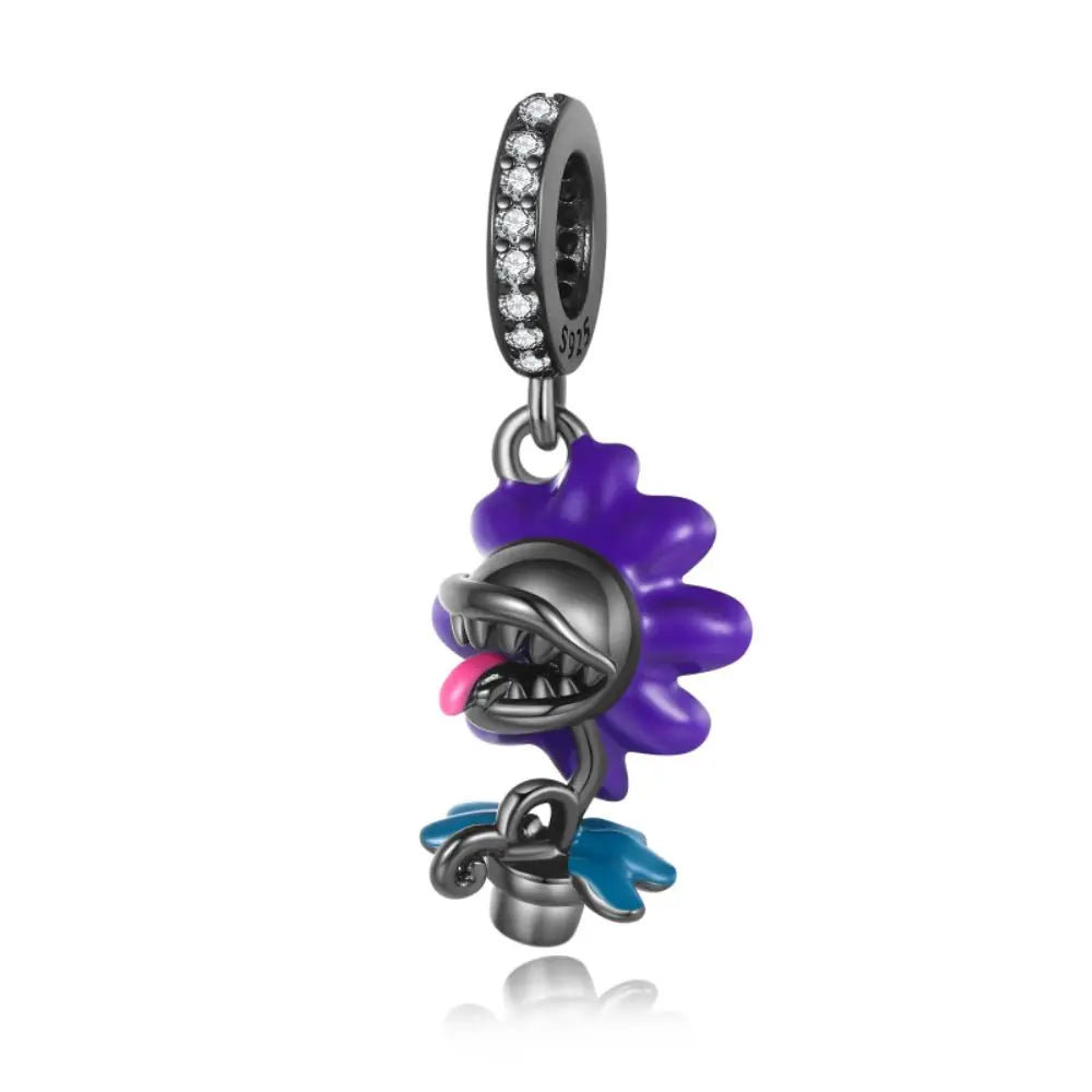 Purple flower-shaped charm with a shark design on a white background pandora style charm pendant Venus fly trap, carnivorous plant. pandora style charm pendant. Gothic style, halloween theme