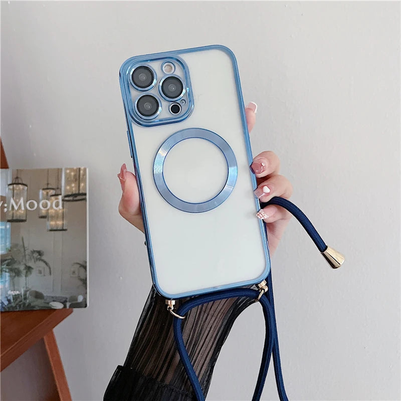Phone case with blue accents held by a hand against a neutral background