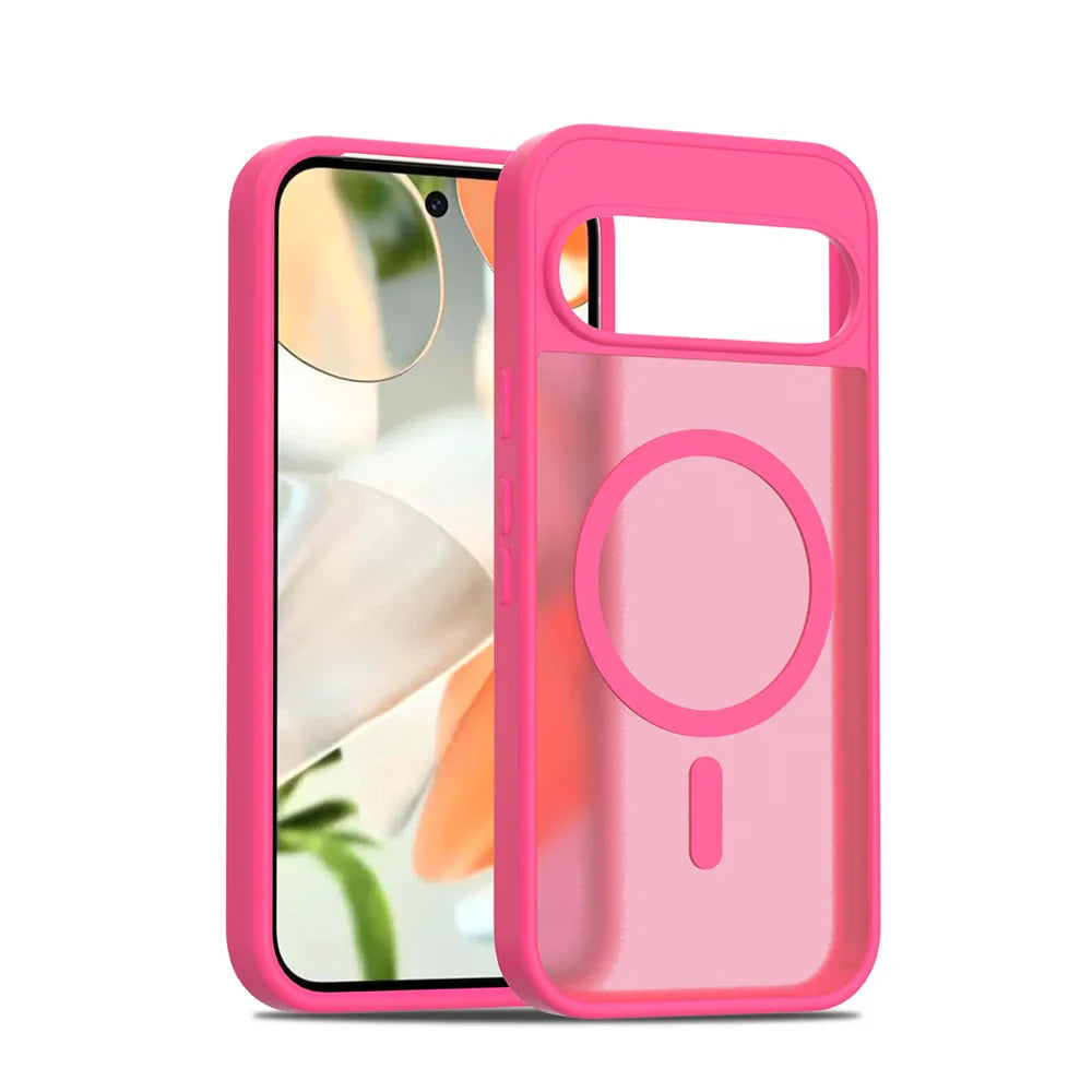Pink phone case with a clear back and magnetic ring on a white background