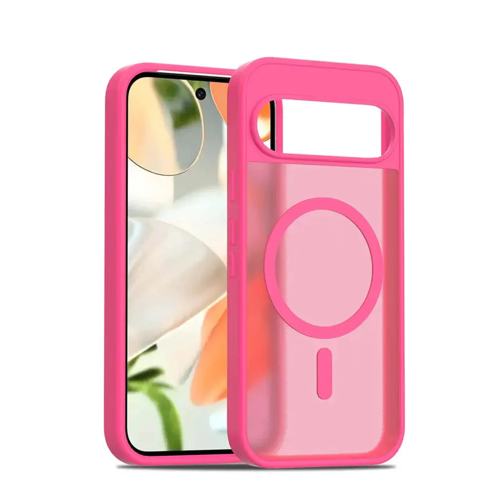 Pink phone case with a clear back and magnetic ring on a white background