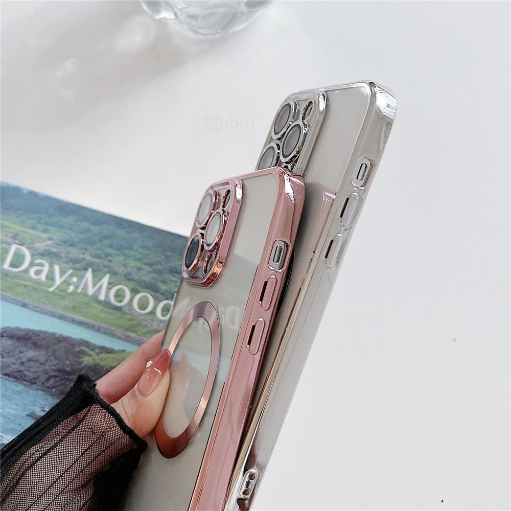 Phone case with rose gold accents held by a hand on a blurred background