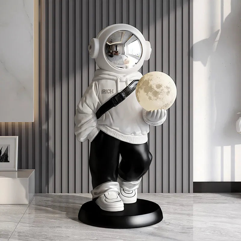 Large Astronaut Statue Floor Ornament Moon Sensor Lamp black and white unisex space man