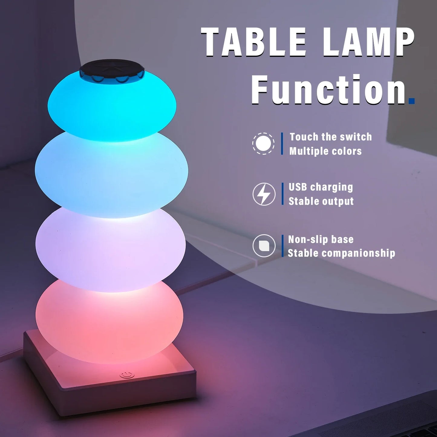 Colorful table lamp with text detailing its functions on a gradient background