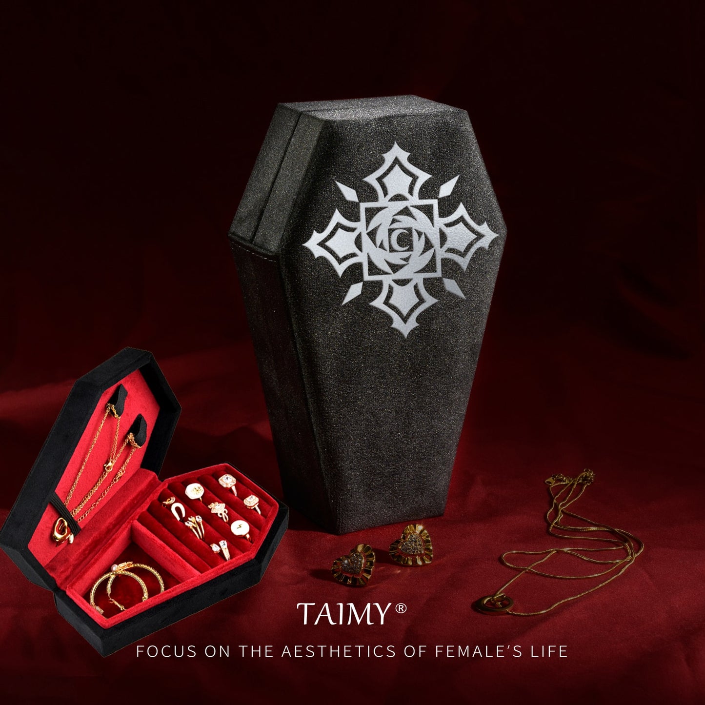 Gothic Velvet Coffin Jewelry Box gold skull and crossbones