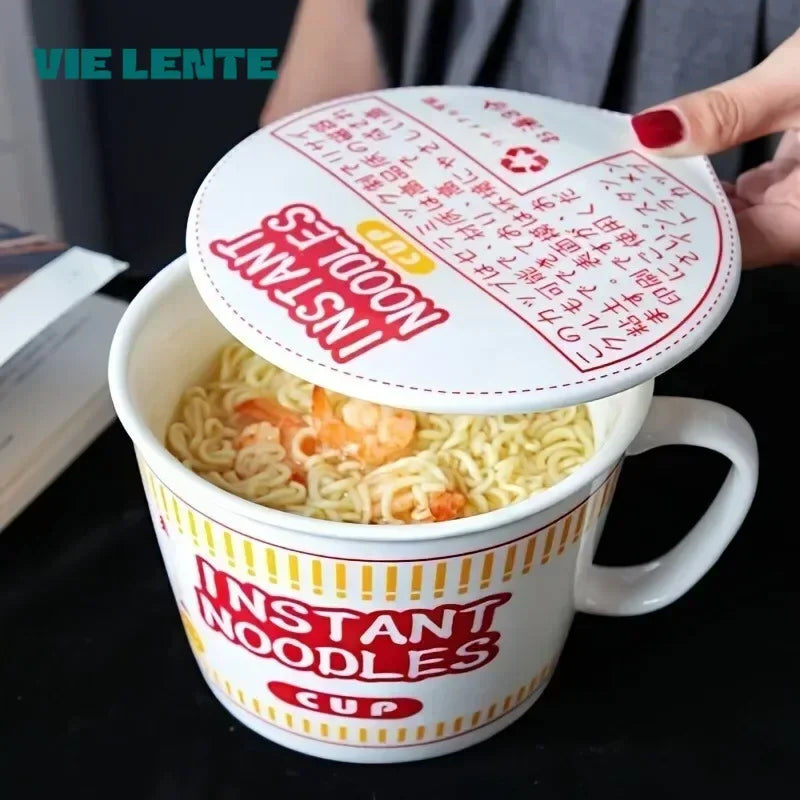 Large ceramic noodle bowl with lid in red design, filled with shrimp instant noodles. Ideal for soups, stews, and hot meals on-the-go.