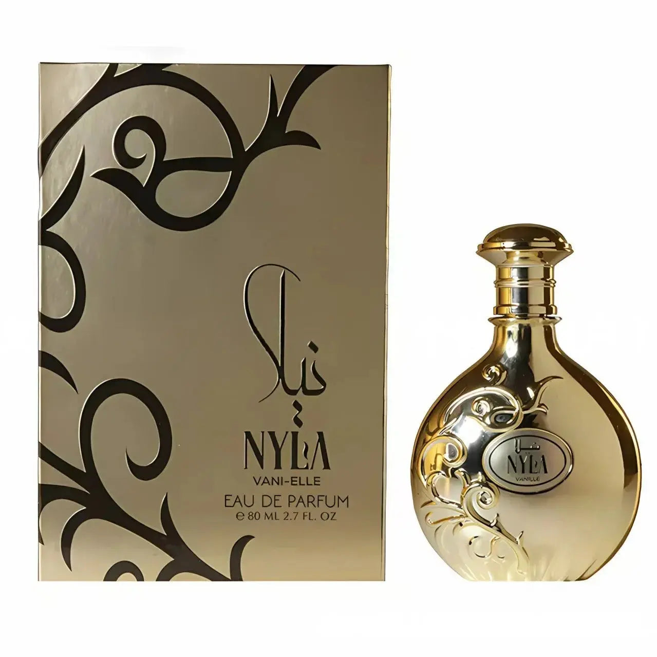 Gold perfume bottle and packaging with 'NYEA' branding on a white background