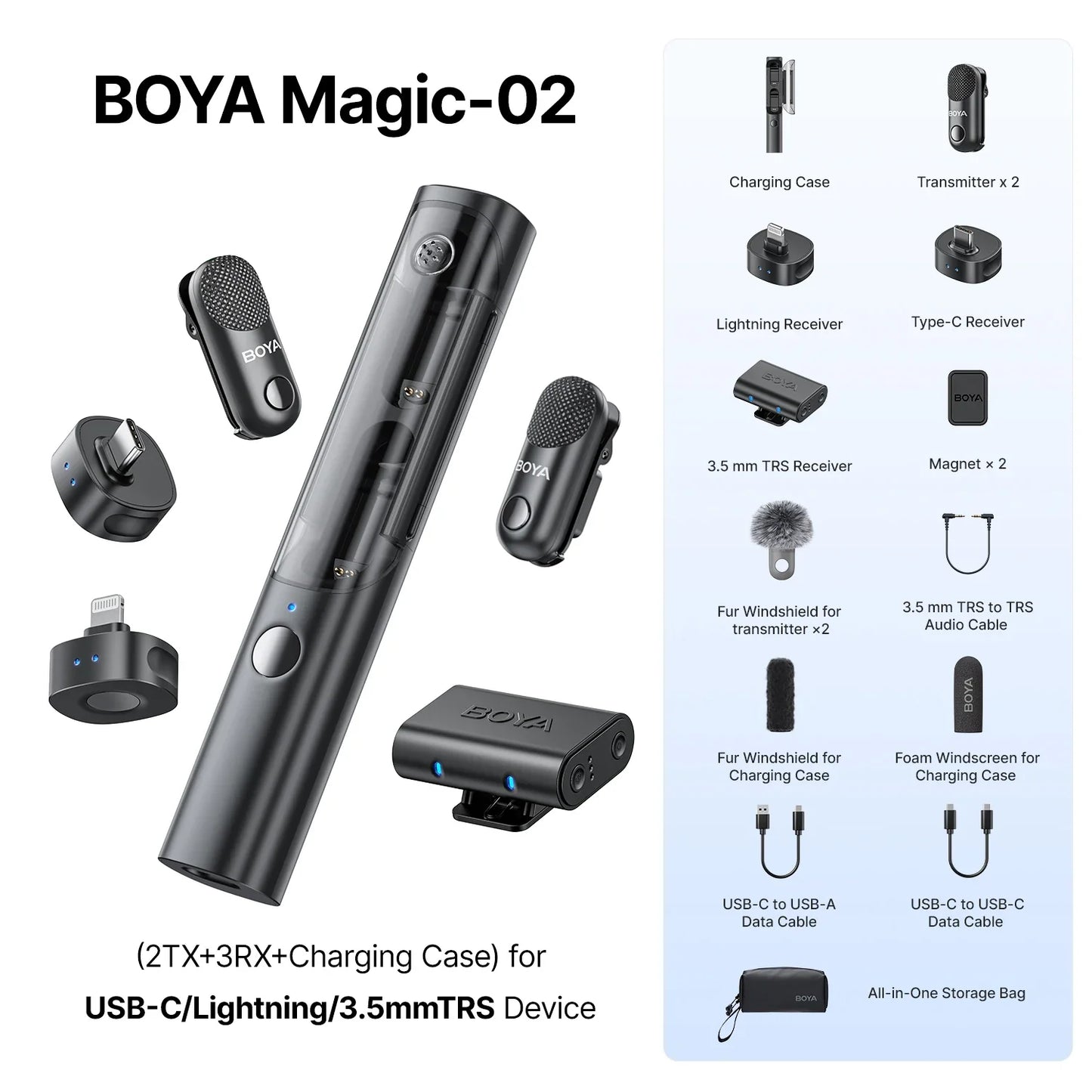 BOYA Magic-02 wireless microphone system with accessories on a white background