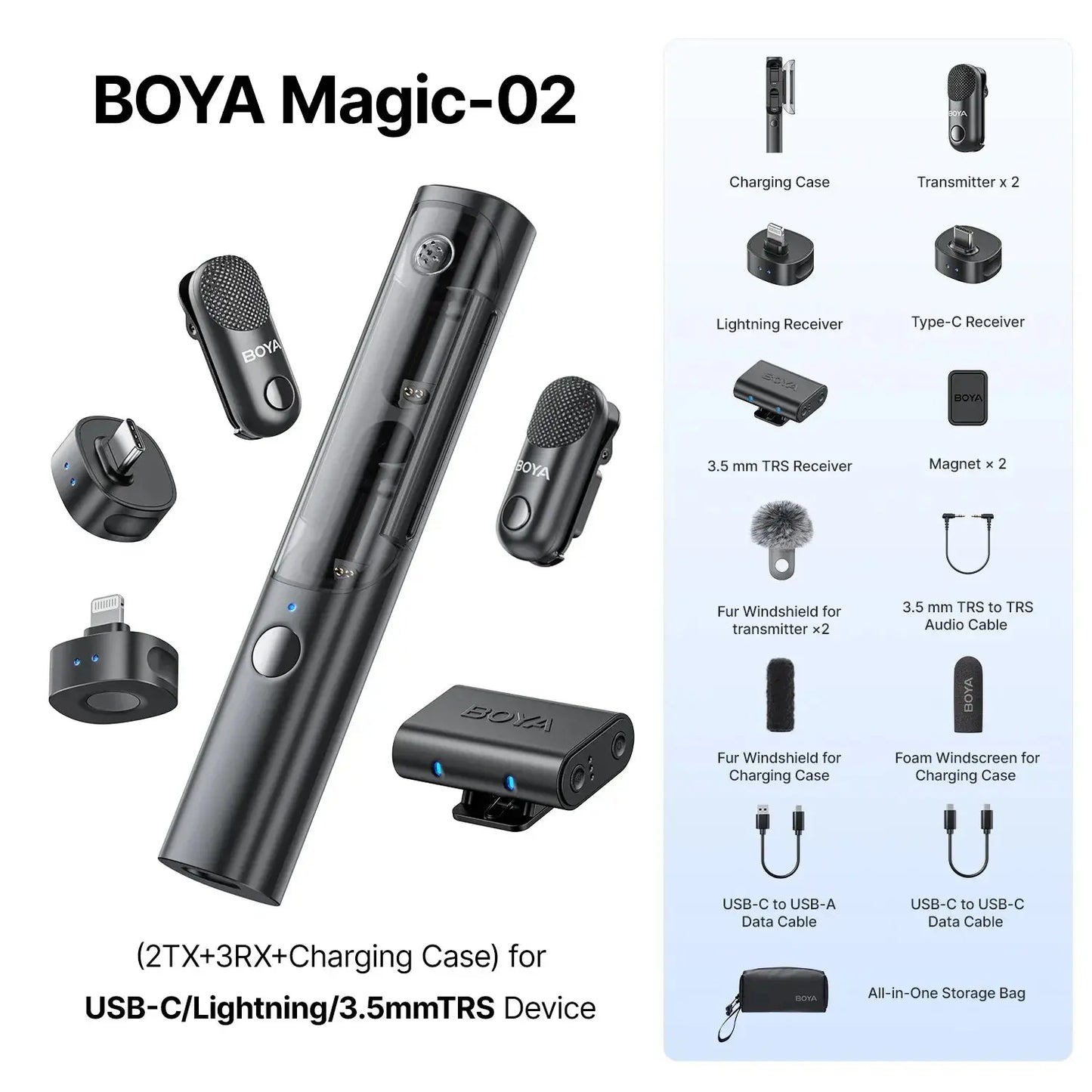 BOYA Magic-02 wireless microphone system with accessories on a white background