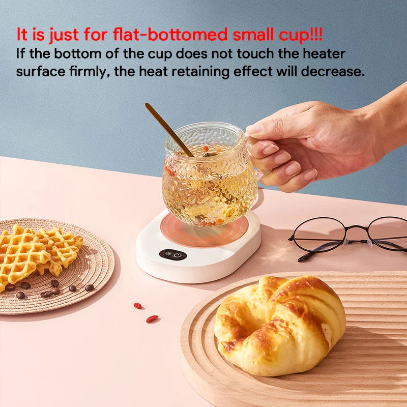 Thermostatic beverage warmer used with flat-bottomed glass mug, emphasizing proper contact for optimal heat retention.