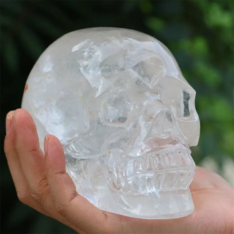 Clear crystal skull held in a hand with a blurred green background