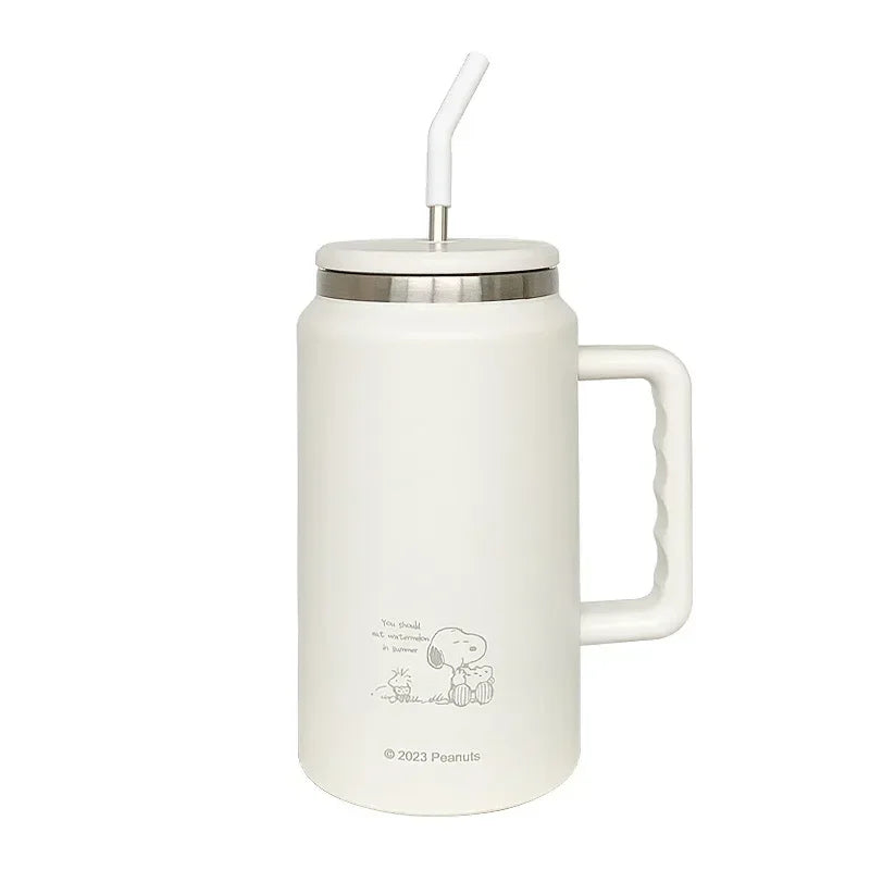 Snoopy White mug with handle and straw lid on a white background