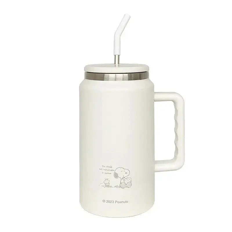 Snoopy White mug with handle and straw lid on a white background