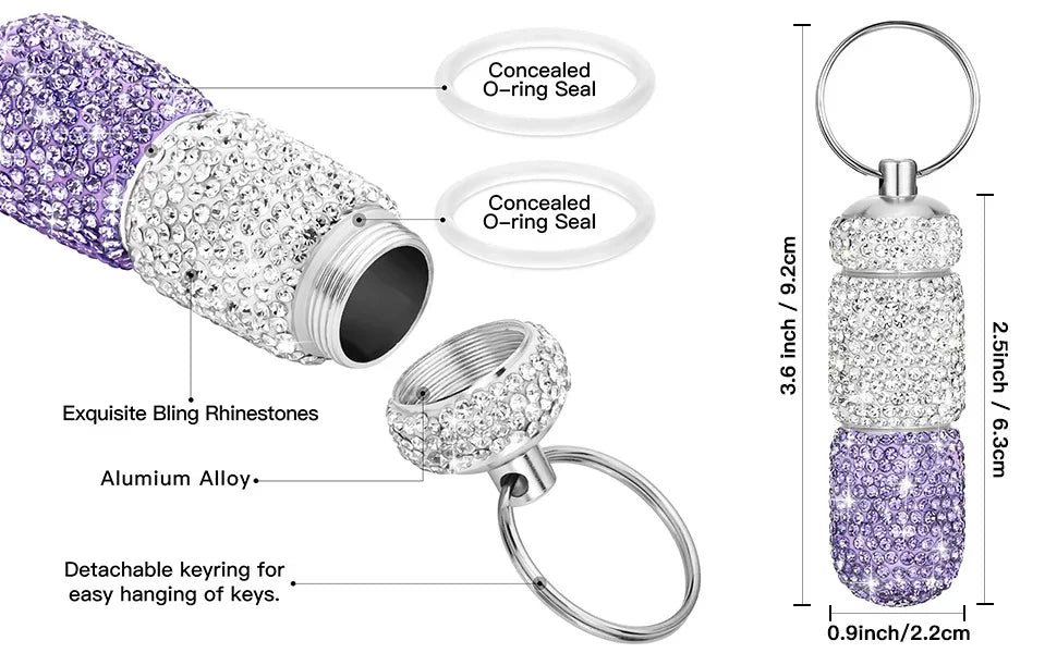 Bling Keychain Pill Box 2 Compartments Small Travel Pill Case Organizer Crystal Diamond Medicine Bottle Pill Bottle Keychain Pure Ember