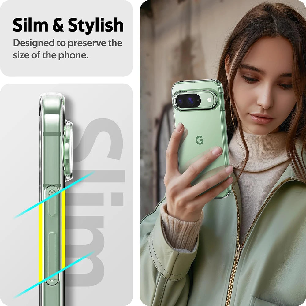 Person holding a green phone case with text 'Slim & Stylish' and 'Designed to preserve the size of the phone.'
