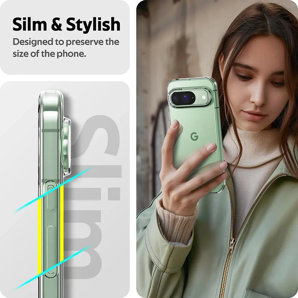 Person holding a green phone case with text 'Slim & Stylish' and 'Designed to preserve the size of the phone.'