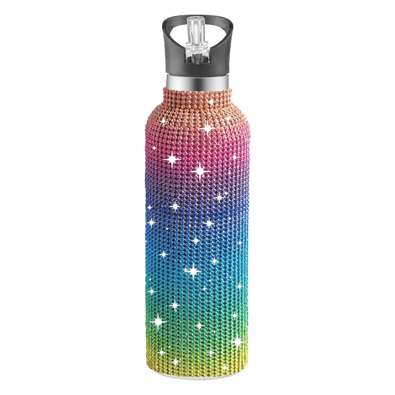 Multicolored water bottle with star-like embellishments on a white background