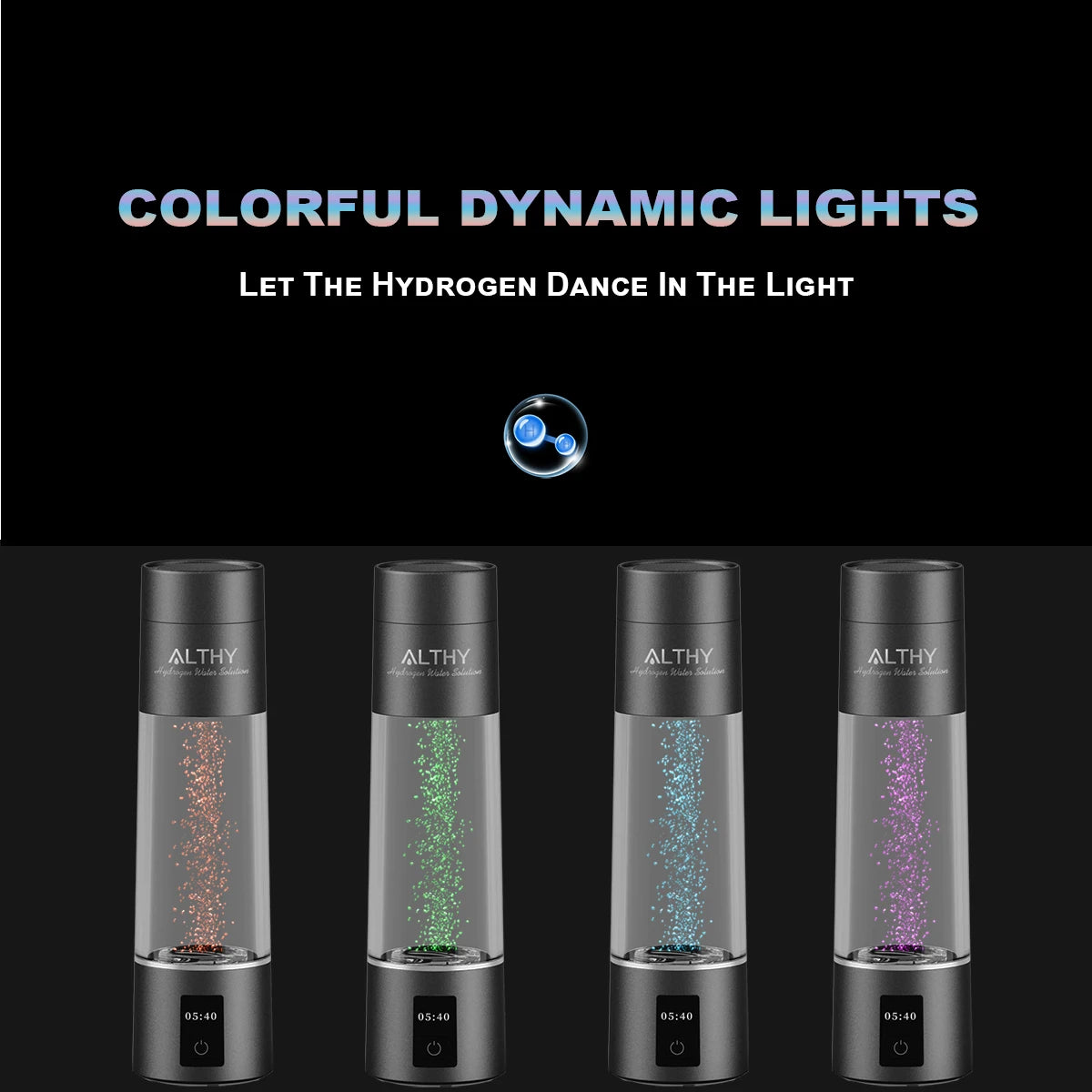 Four ALTHY hydrogen water bottles with colorful dynamic lights on a black background.