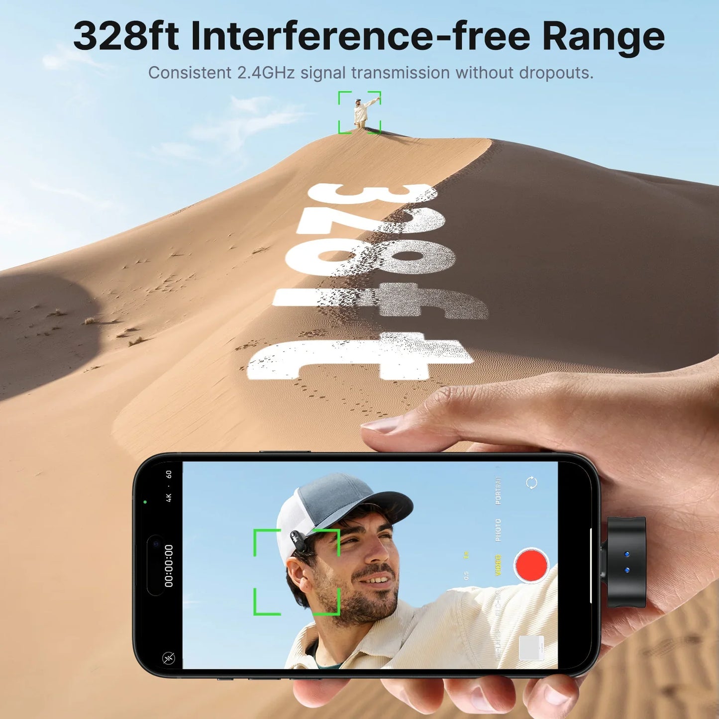 Hand holding a smartphone with a video call on a desert background, displaying '328ft Interference-free Range' text.