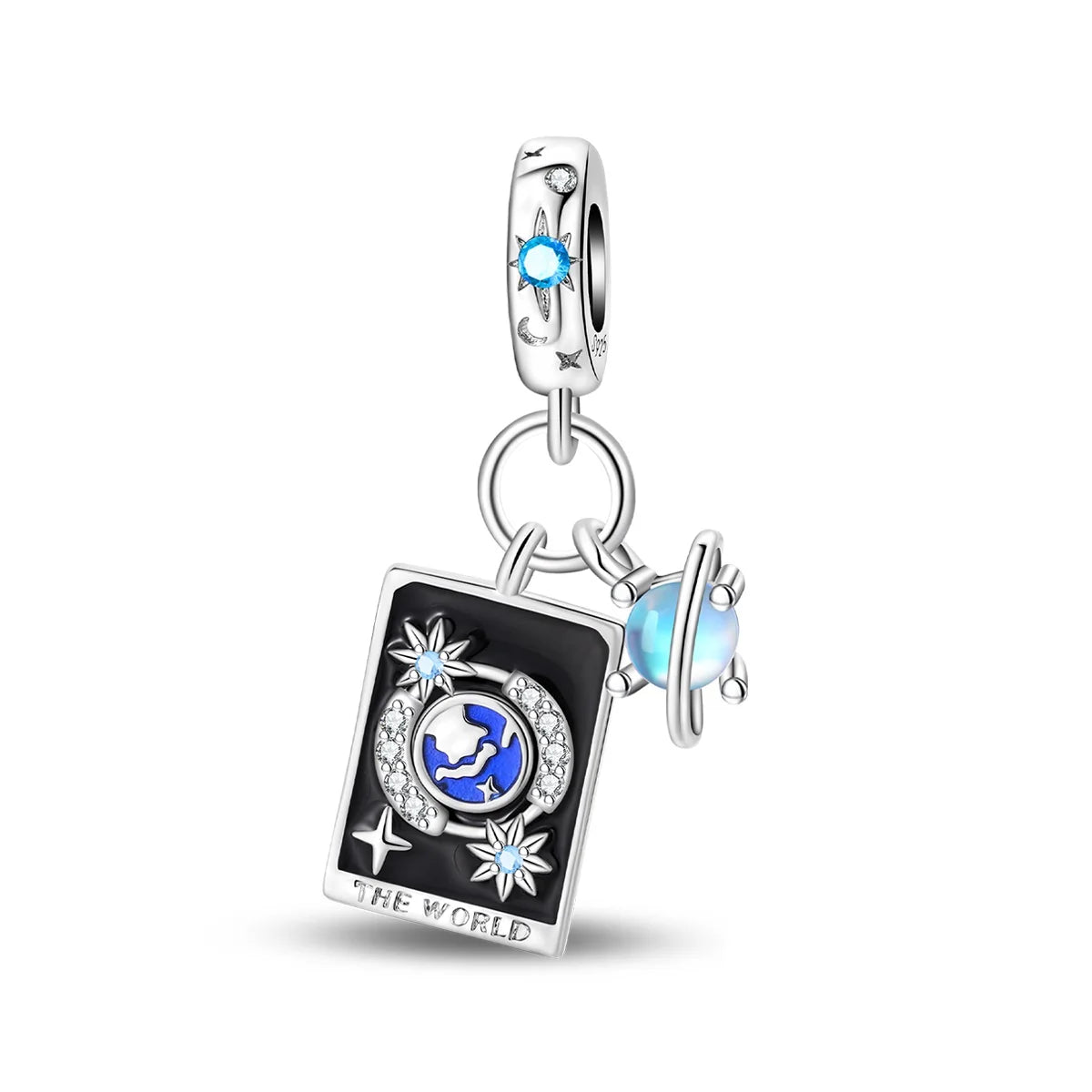 Silver charm with black background, blue accents, and star designs on a white background the world map and globepandora style charm pendant. Gothic style, halloween theme
