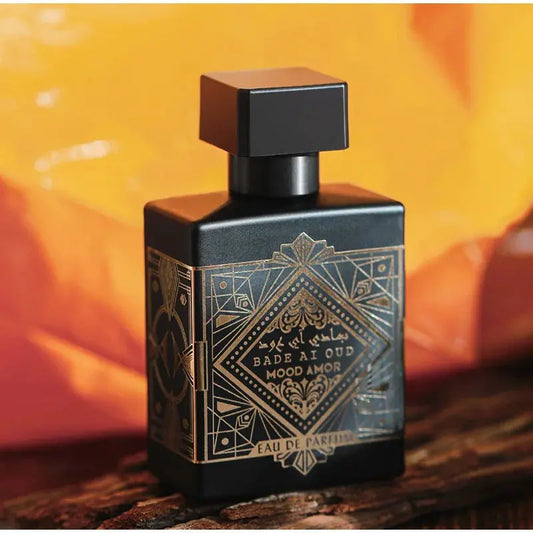 Perfume bottle with decorative label on a warm-toned background