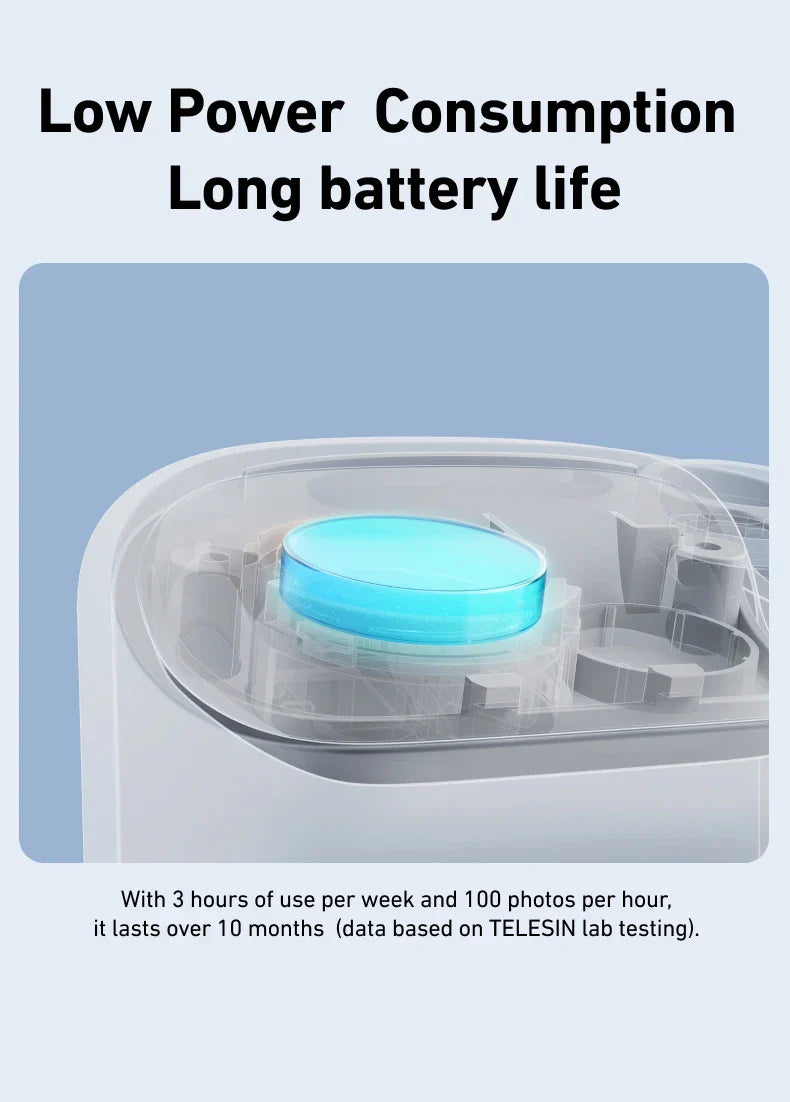Product with a blue light on a clear background, labeled 'Low Power Consumption Long battery life'.