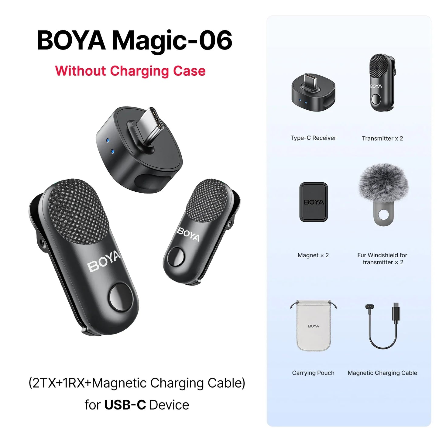 BOYA Magic-06 wireless microphone system with components on a white background