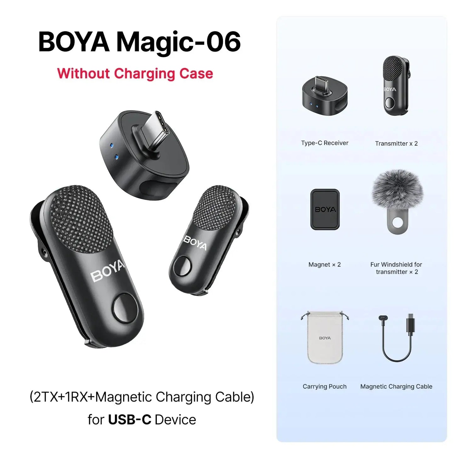 BOYA Magic-06 wireless microphone system with components on a white background