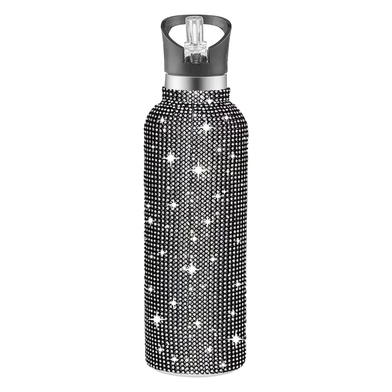 Black water bottle with silver rhinestone embellishments on a white background