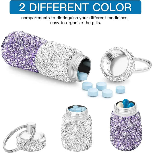 Bling Keychain Pill Box 2 Compartments Small Travel Pill Case Organizer Crystal Diamond Medicine Bottle Pill Bottle Keychain Pure Ember