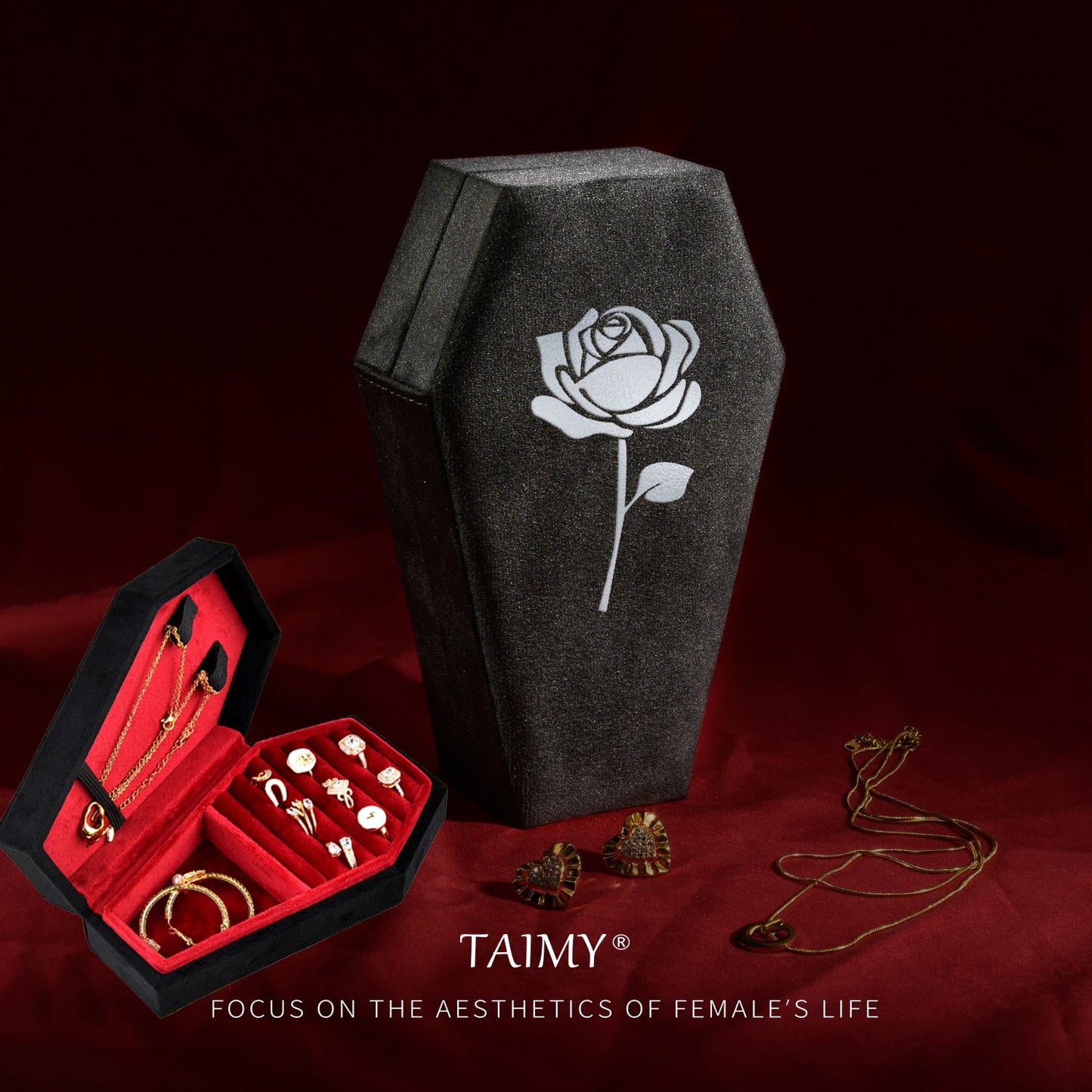 Gothic Velvet Coffin Jewelry Box rose detail