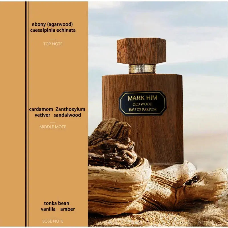 Wooden perfume bottle with desert landscape background