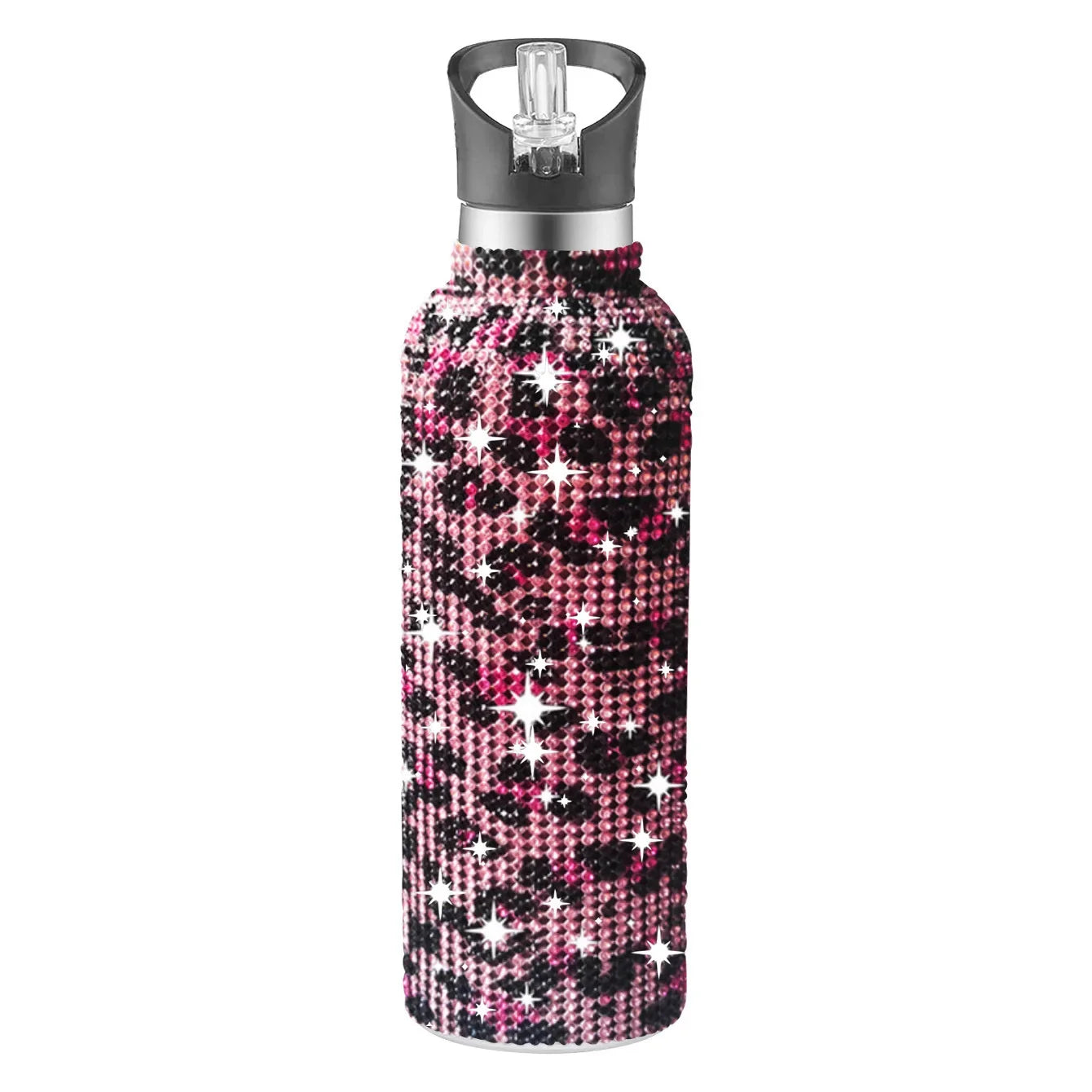 Water bottle with pink and black pattern on a white background