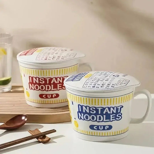 Set of two large ceramic noodle bowls with lids in red and blue designs. Perfect for keeping instant noodles hot and stylishly served.