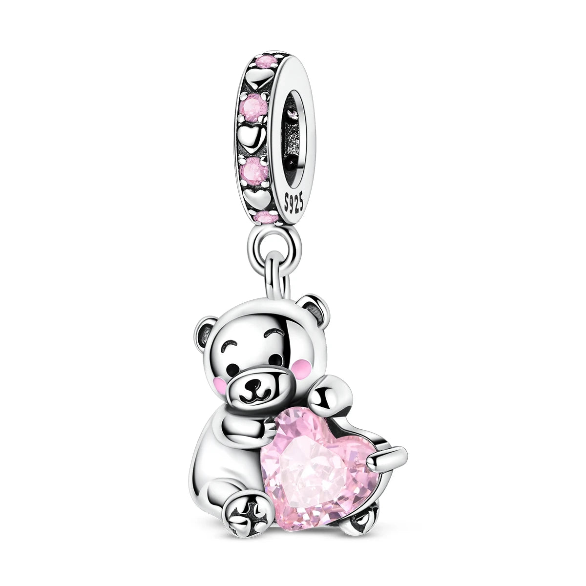 Silver bear charm with pink heart and crystals on a white background. pandora style