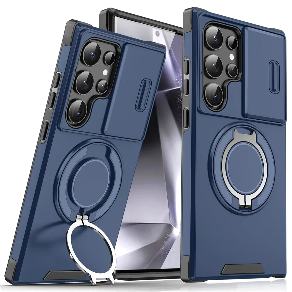 Blue phone case with ring holder on a white background