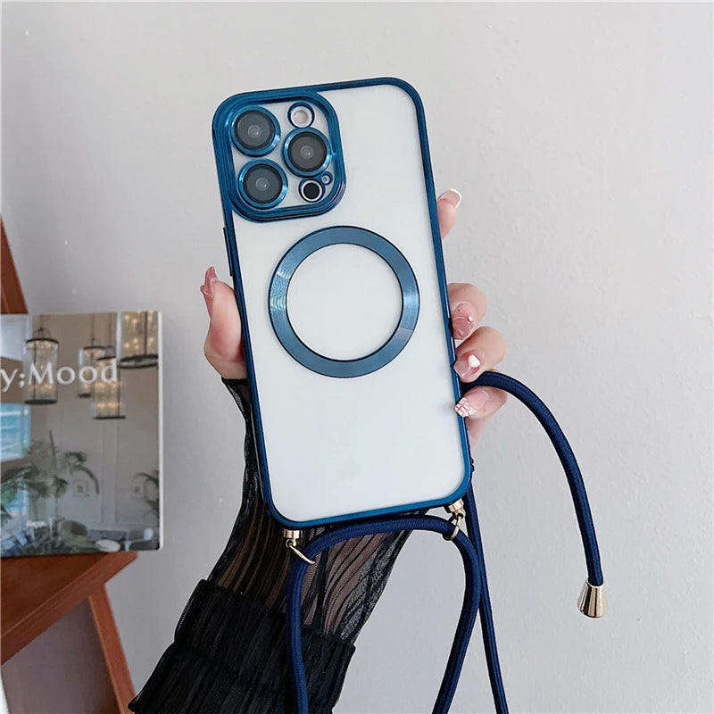 Navy Blue Magnetic Wireless Charging Cases For iPhone 16 15 14 17 12 13 Pro Max Crossbody Lanyard