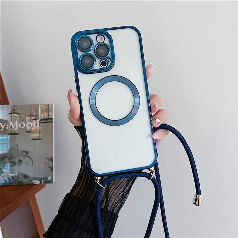 Navy Blue Magnetic Wireless Charging Cases For iPhone 16 15 14 17 12 13 Pro Max Crossbody Lanyard