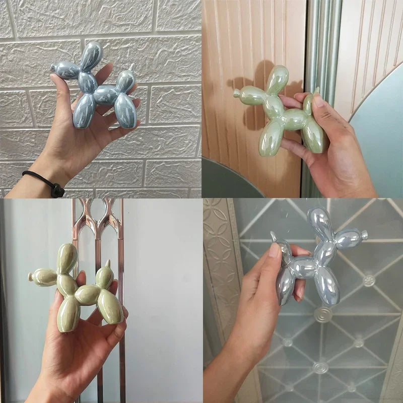 Collage of a hand holding a balloon animal sculpture against different textured wall backgrounds.