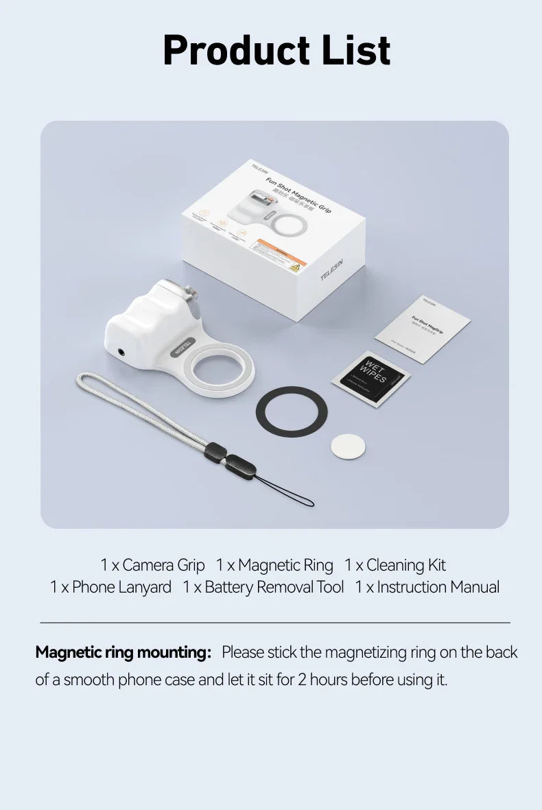 Product list with camera grip, magnetic ring, cleaning kit, phone lanyard, battery removal tool, and instruction manual on a light gray background.