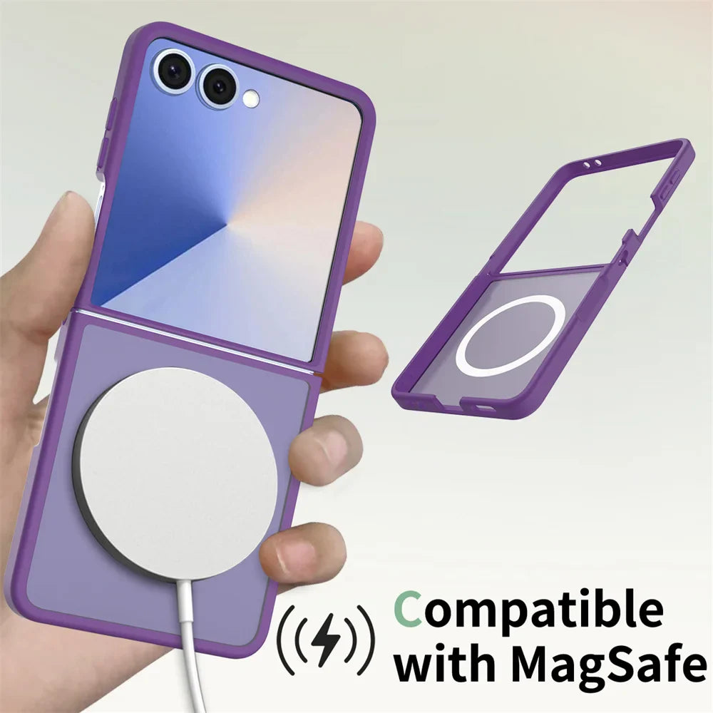 Purple phone case with magnetic charging pad held by a hand, compatible with MagSafe.