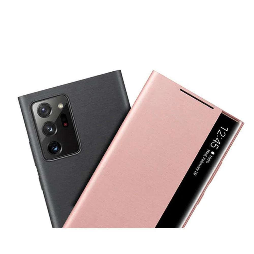 Two smartphones, one black and one rose gold, on a white background