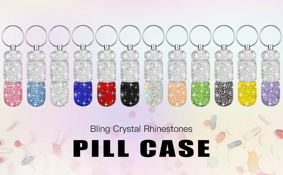 Bling Keychain Pill Box 2 Compartments Small Travel Pill Case Organizer Crystal Diamond Medicine Bottle Pill Bottle Keychain Pure Ember