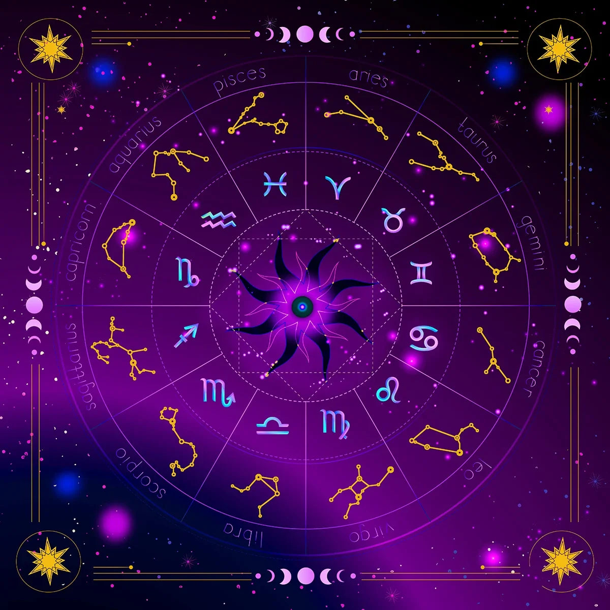 Sun Moon Starry Sky Tarot Altar Cloth 12 Constellations Spread Tarot Reading Cloth Witchcraft Oracle Cards Pad Home Room Decor Pure Ember