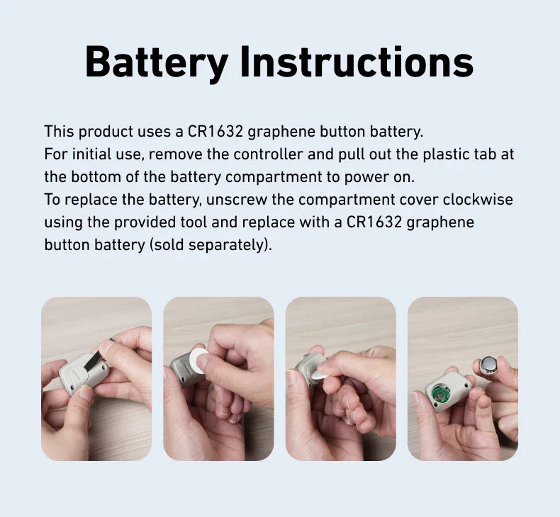 Battery instructions for a CR1632 graphene button battery with step-by-step images.