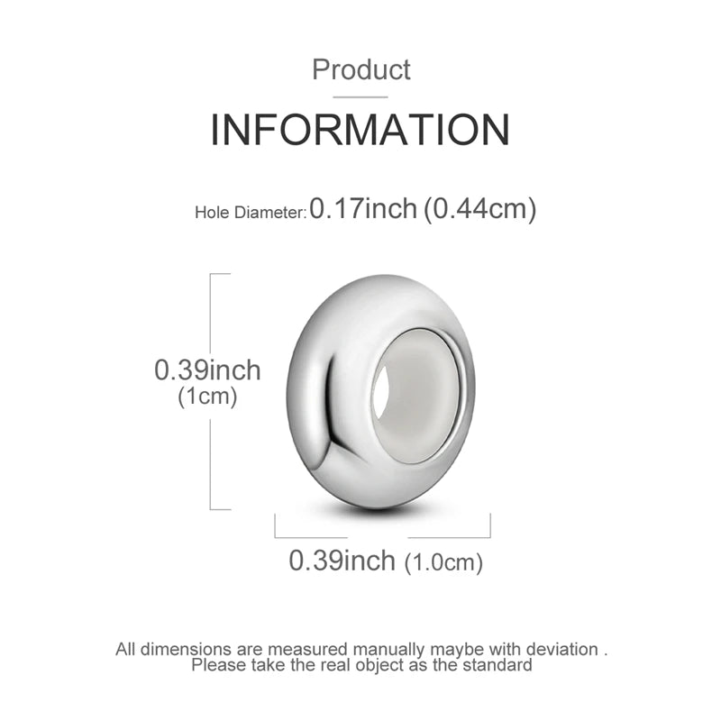 Silver bead with measurements on a white background