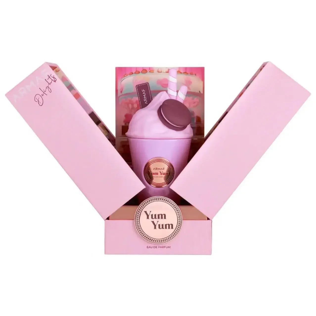 Pink 'Yum Yum' product in a decorative box on a white background