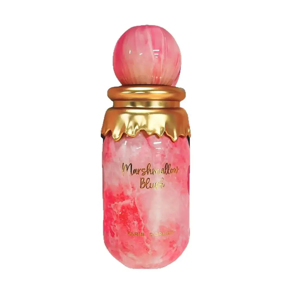 Pink and gold perfume bottle with 'Marshmallow Blush' text on a white background