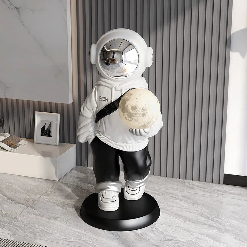 Large Astronaut Statue Floor Ornament Moon Sensor Lamp white and black space man